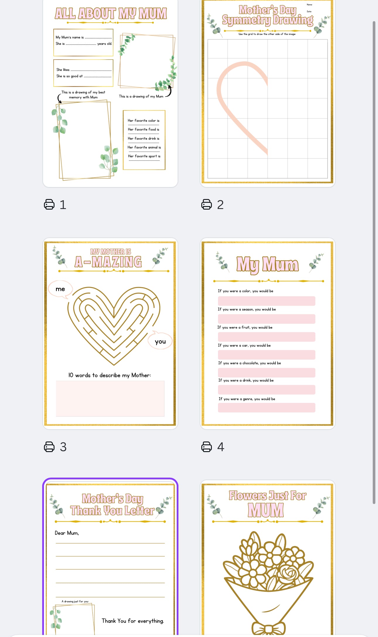 🌿✨ Mother’s Day Gold & Eucalyptus Worksheets – Digital Download ✨💛 D
